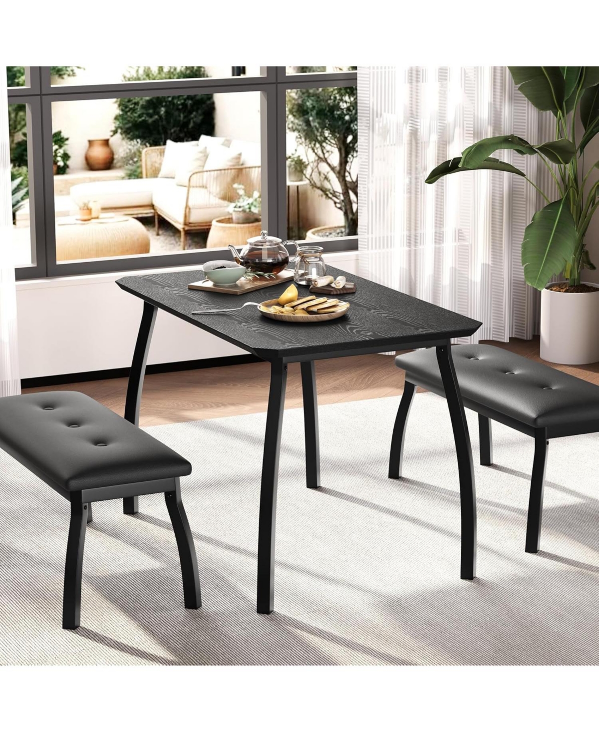 gaomon 3-Piece Retro Dining Set Space-Saving Table and 2 Upholstered Benches for 4 Chamfer Design Metal Frame Kitchen Furniture for Apartments Studios