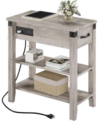 End Table with USB Ports and Outlets, Flip Top Side Table Narrow Bedside Table with Drawer and Storage Shelves for Living Room