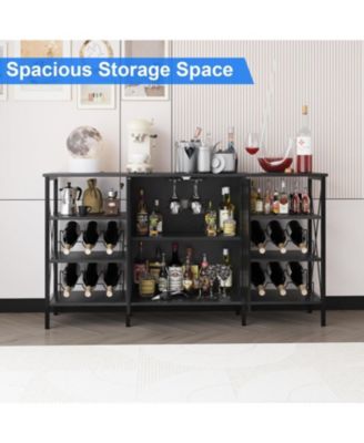 Farmhouse Wine Bar Cabinet with Wine Rack and Glass Holder Rustic Coffee Bar with Led Light Metal Sideboard and Liquor Table Cabinet