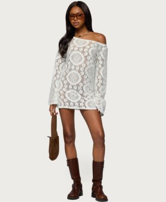 Women's Off Shoulder Sheer Lace Mini Dress