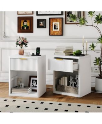 Fluted Nightstand Set of 2,Mid Century Bedside Table,Wooden End Table,Farmhouse Night Stand with 1 Drawer,Open Shelf