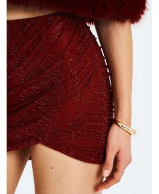 Women's Darleen Crimson Rhinestone Mesh Low Waist Ruched Skirt