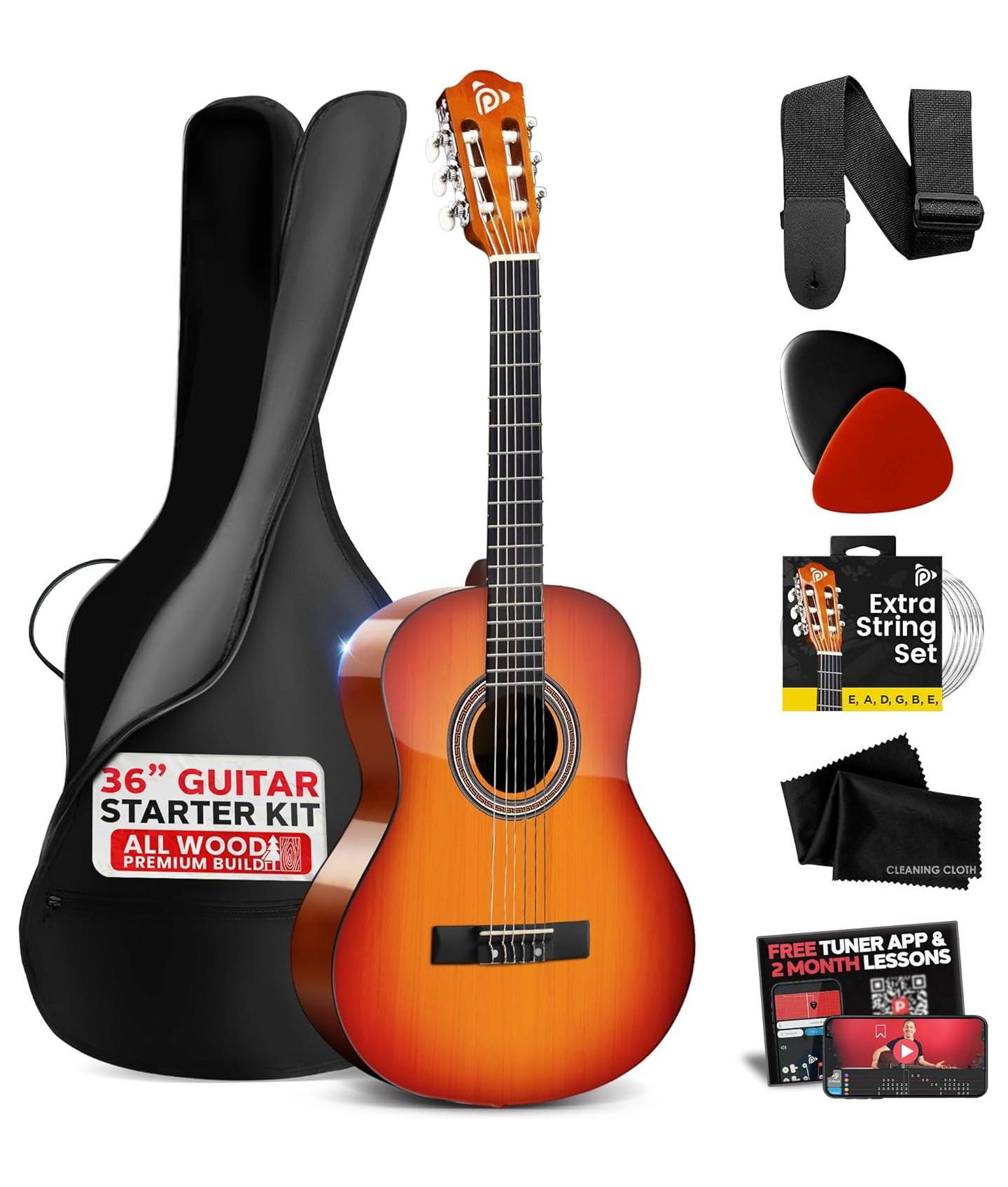 Детские игрушки Pyle Beginner All-Wood Acoustic Guitar Kit With Tuner App & Lessons, 6-Piece, Ages 7+, цвет: Тёмный коричневый — фото 1