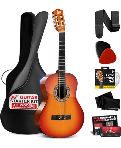 Детские игрушки Pyle Beginner All-Wood Acoustic Guitar Kit With Tuner App & Lessons, 6-Piece, Ages 7+, цвет: Тёмный коричневый