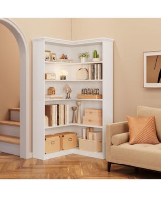 5-Tier Farmhouse Corner Bookshelf, 72.8" L Shaped Wood Display Rack, Half Panel, Living Room, Office