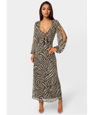 Women's Printed Chiffon Tie Front Maxi Dress