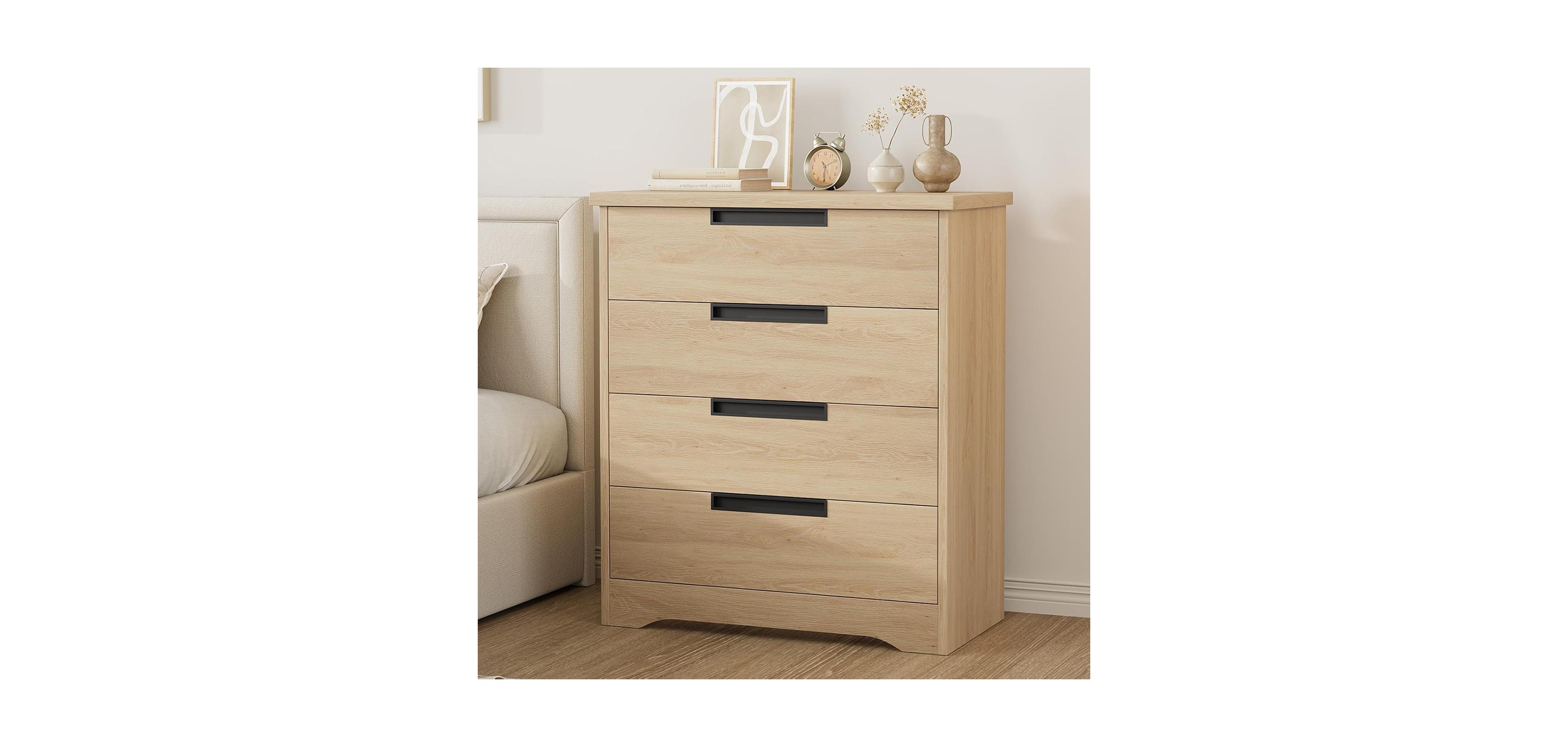 "Gaomon 4 drawer wood dresser with embedded handles—sturdy storage for bedroom or living room."