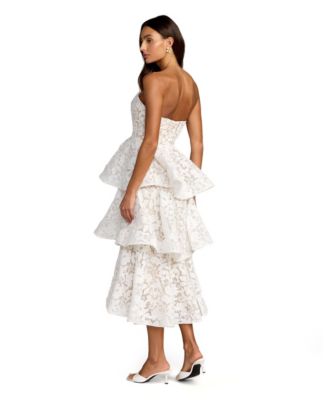 Women's Strapless Lace Tiered Floral Detail Midi Dress