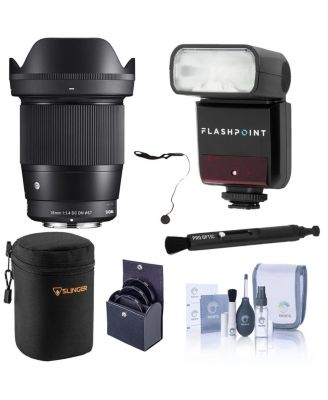 16mm f/1.4 DC DN Contemporary Lens for Sony E, Bundle with Mini R2 Speedlight, Lens Case, 82mm Filter Kit, Lens Cleaner, Cap Keeper and Cleaning