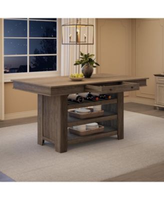 60" Counter Height Dining Table for 4, Farmhouse Rectangular Tall Bar Height Kitchen Dining Table & Thick Table Top, with Deepened Wine Rack