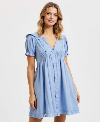 Women's Button-Front Lace-Trim Puff-Sleeve Mini Dress