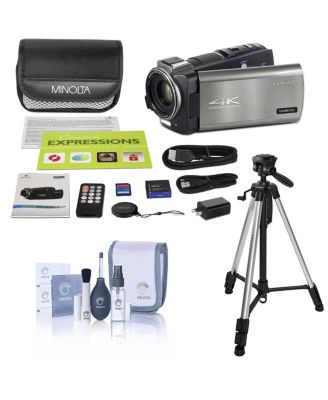 MN4K100Z 28MP 4K Ultra HD 3.5" Touchscreen Night Vision Camcorder, Gunmetal with Aluminum 3-Section Tripod with 3-Way Head, 61" Max Height