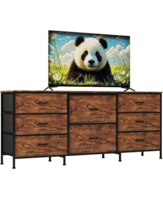 8 Drawer Fabric Dresser TV Stand with Wooden Top, Metal Frame Storage Chest, Wide Closet Orgzr for Bedroom Living Room Hallway, Natural Wood