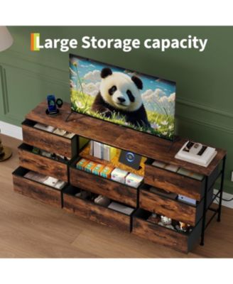 63" TV Stand with 8 Fabric Drawers and LED Lighting, Steel Frame Media Console for 65 70 75 Inch Televisions