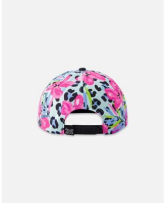 Baby Girls Cap Blue Floral and Leopard Print