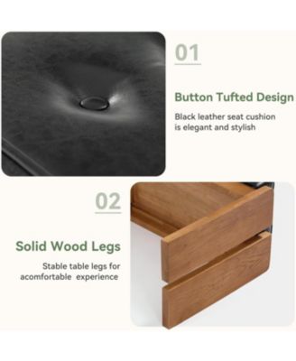 Solid Wood Dining Bench, Modern Kitchen Table Bench with Button-Tufted Leather Pad and Wooden Legs