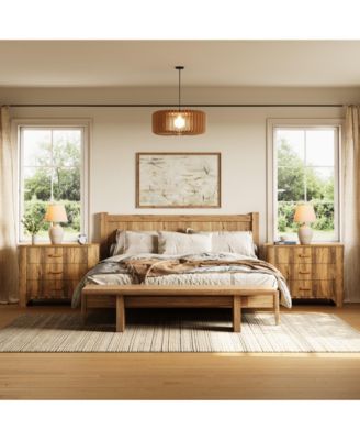 Oversized Nightstand with 3 Drawers, Mid Century Modern Large Wide Bedside Table for Bedroom, Big Night Stand with Fluted Striped Panel