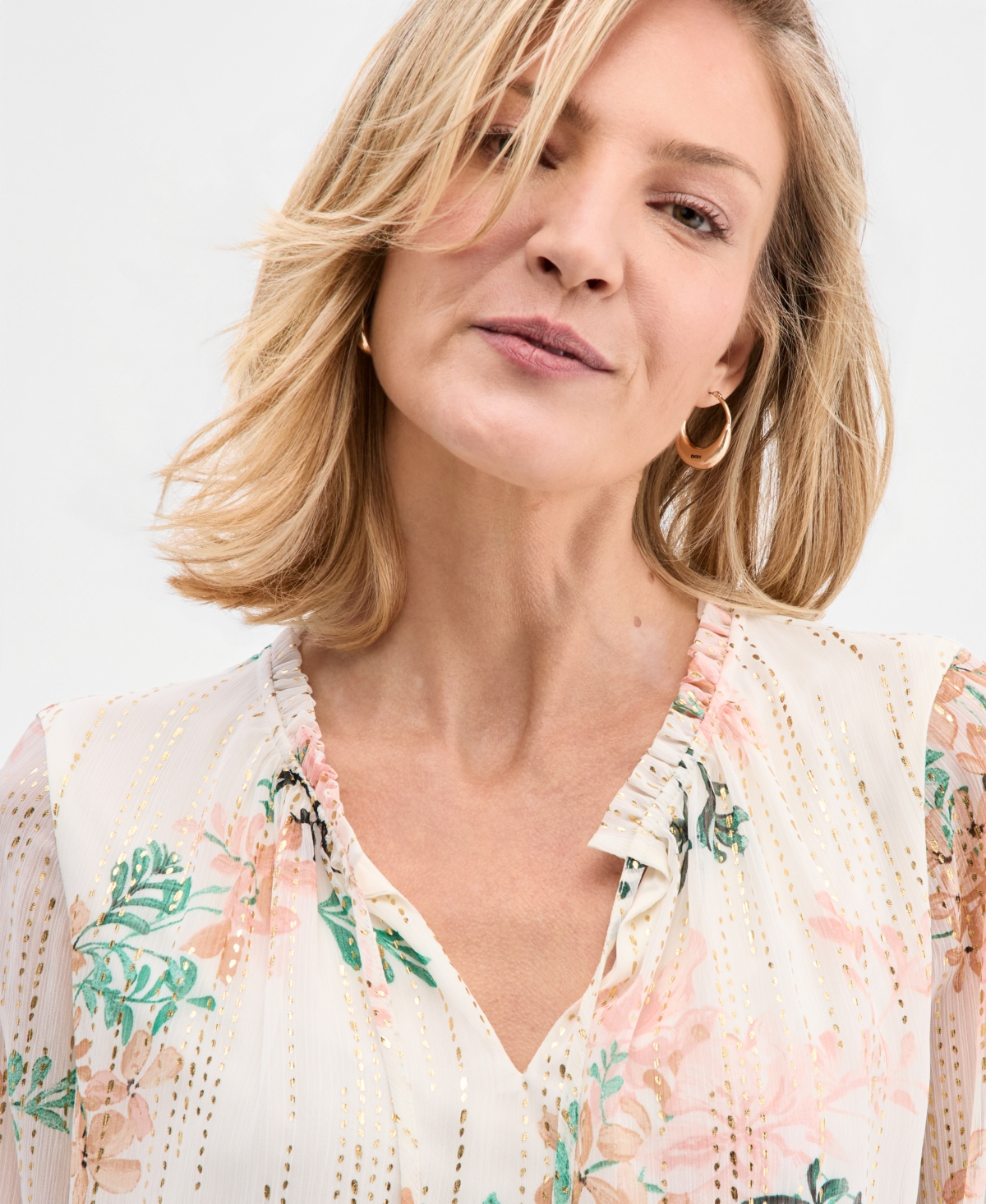 Jm Collection Women's Printed Foiled Ruffle Blouse, Macy's Exclusive