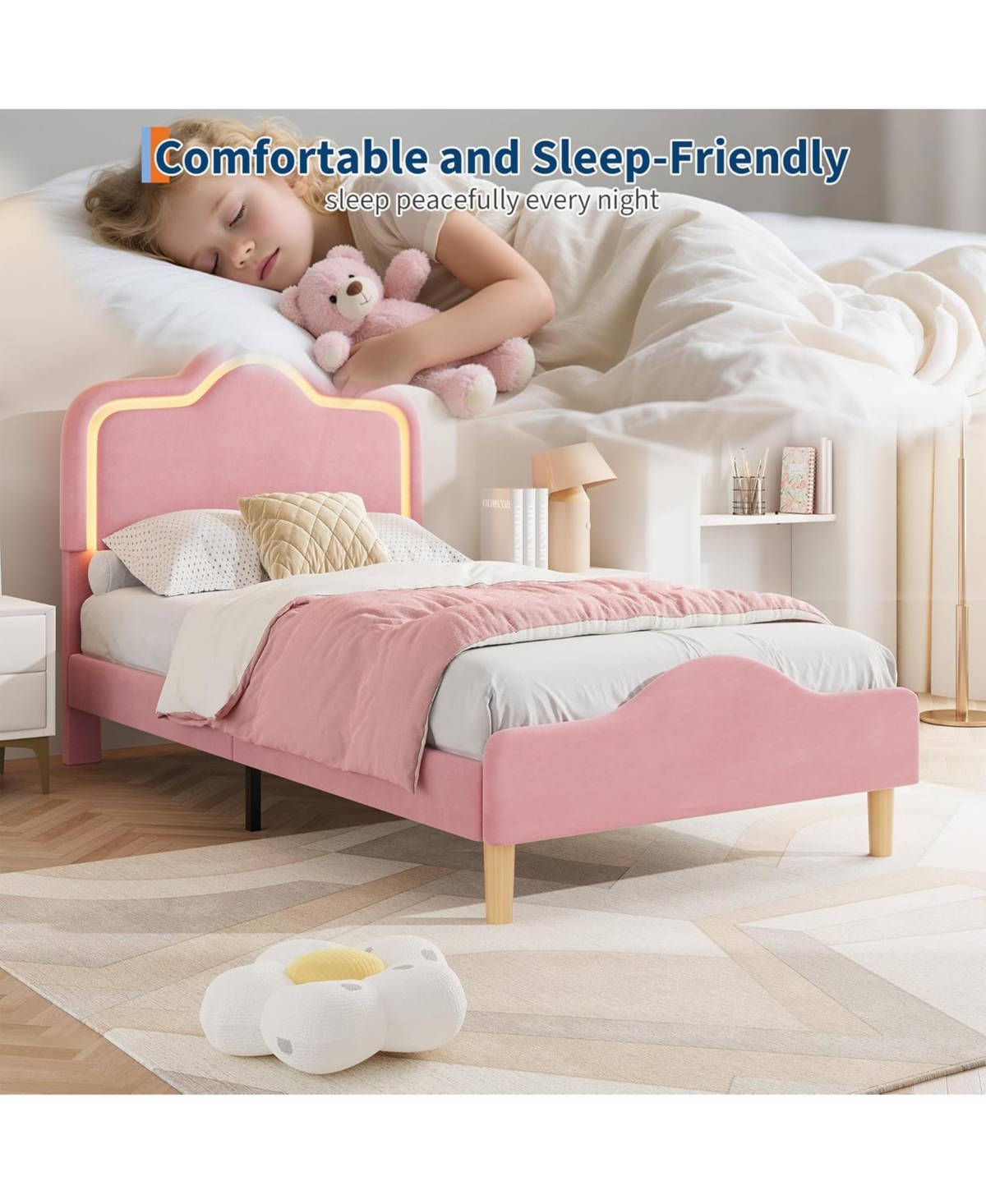 Gaomon Twin Size Bed Frame with Adjustable Led Headboard, Velvet Upholstered Princess Platform Bedframe with Footboard for Kids/Girls
