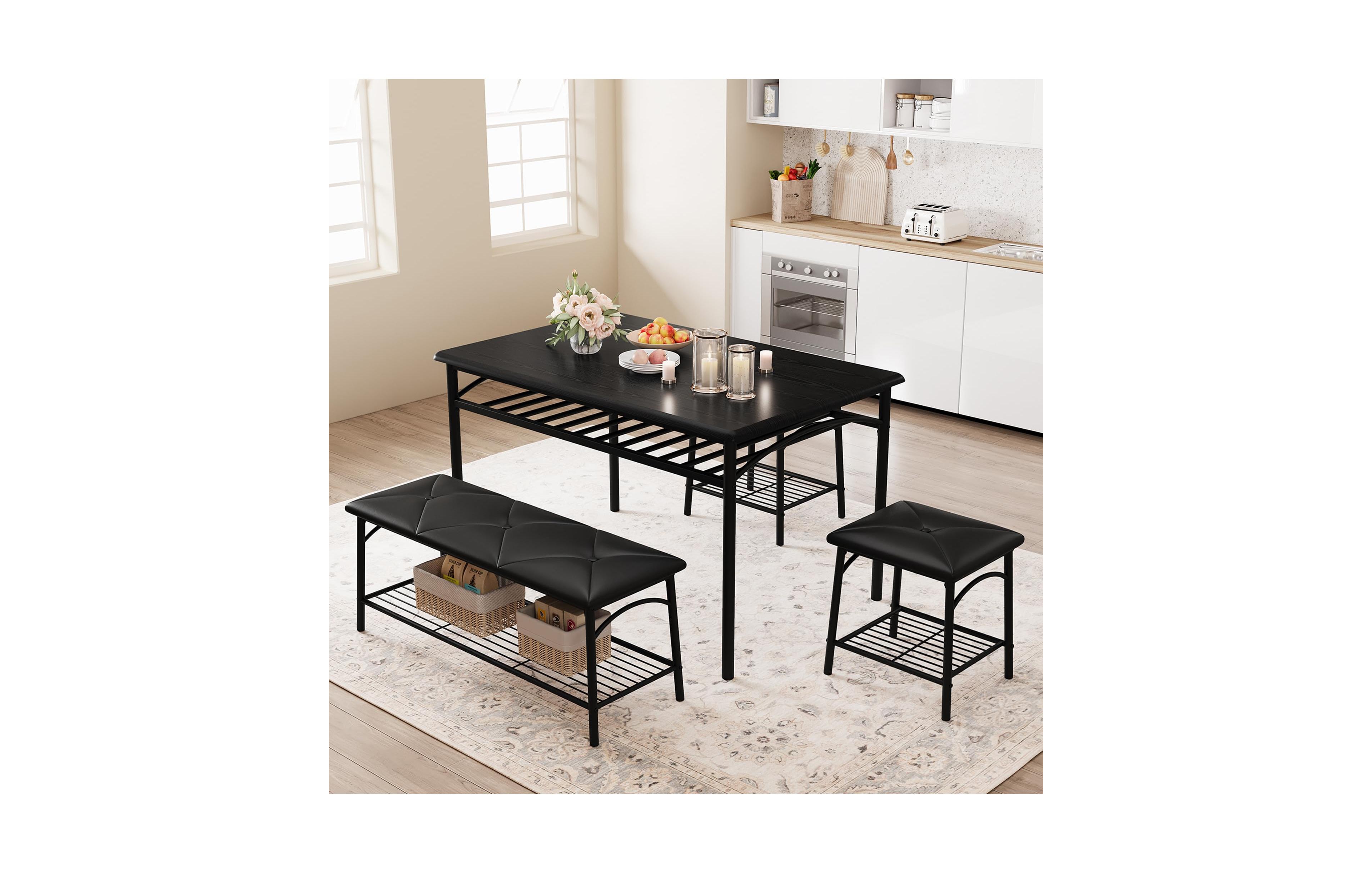Gomon 4-Piece Dining Table Set with Upholstered Bench & 2 Stools, Storage Shelf, Space Saving Compact Kitchen