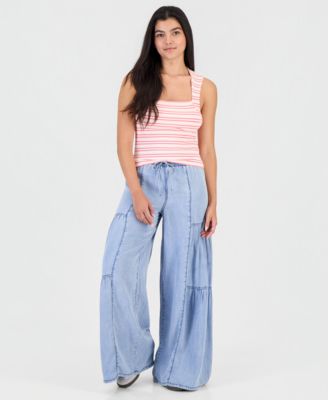 Juniors' Chambray Tiered-Leg Drawstring Pants