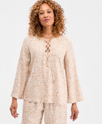 Women's Printed Lace-Up Linen-Blend Top
