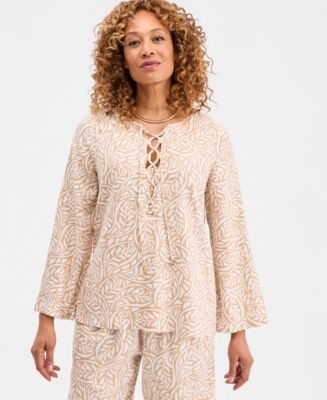 JM Collection Women's Printed Lace-Up Linen-Blend Top, Macy's