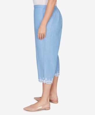 Plus Size Caribbean Blues Eyelet Embroidered Cuff Capri Pants