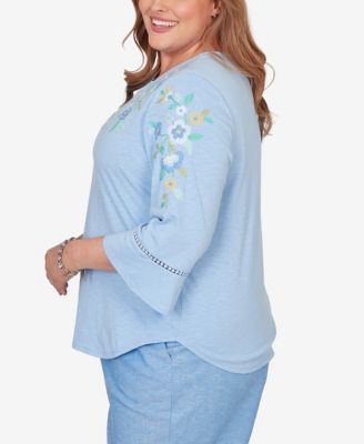 Plus Size Caribbean Blues Floral Embroidered Split Neck Top