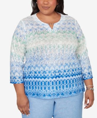 Plus Size Caribbean Blues Ombre Biadere Split Neck Top