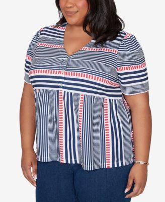 Plus Size Port Side Spliced Mixed Stripe Flutter-Sleeve Top