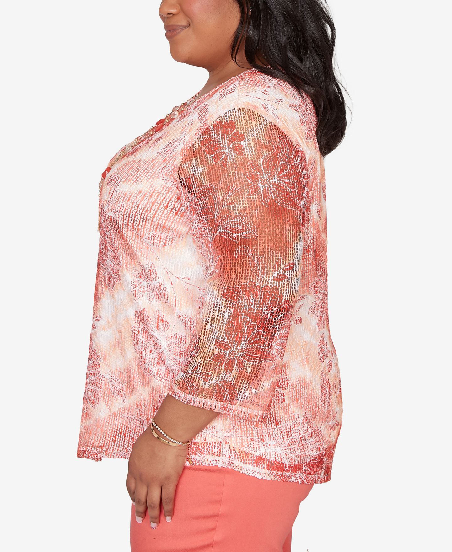 Женский топ Alfred Dunner Plus Size Resort Living Batik Tie Dye Chevron with Necklace, цвет: Оранжевый — фото 4
