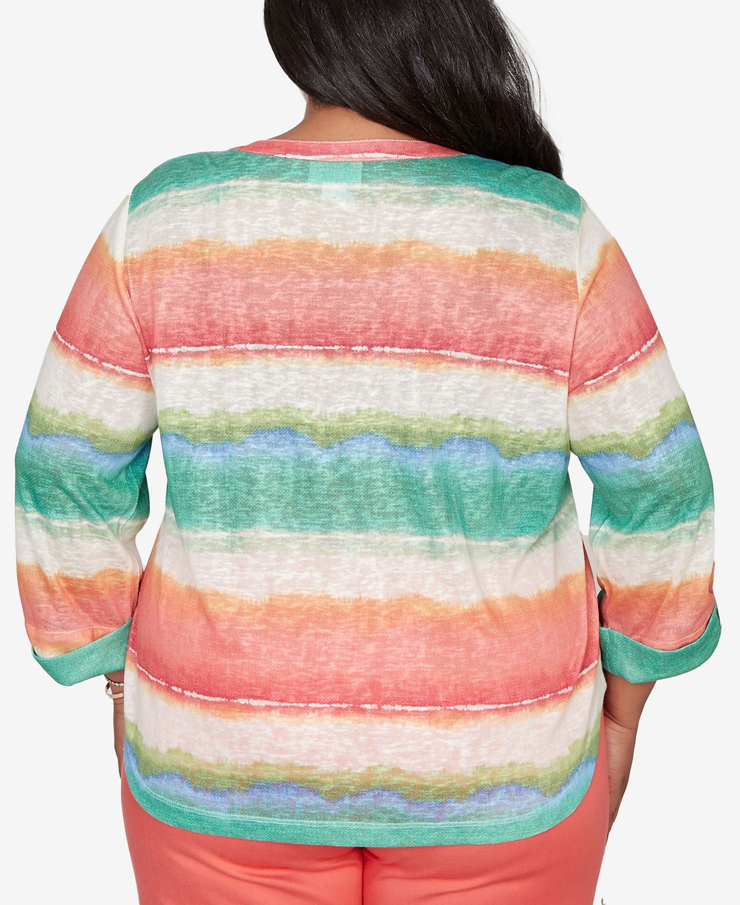 Женский топ Alfred Dunner Plus Size Resort Living Biadere Tie Dye Stripe Henley, цвет: Оранжевый разноцветный — фото 6
