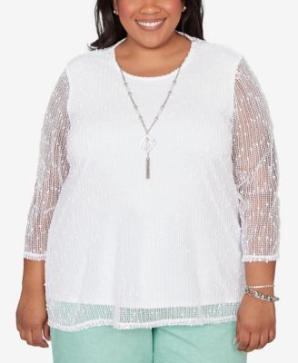 Plus Size Caribbean Blues Popcorn Mesh Solid Top with Necklace