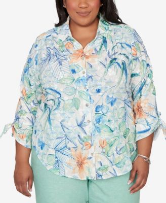 Plus Size Caribbean Blues Tropical Flower Eyelet Tie-Sleeve Top