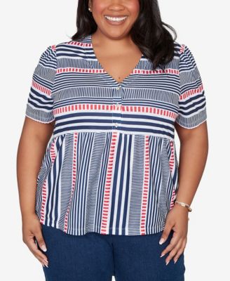 Plus Size Port Side Spliced Mixed Stripe Flutter-Sleeve Top