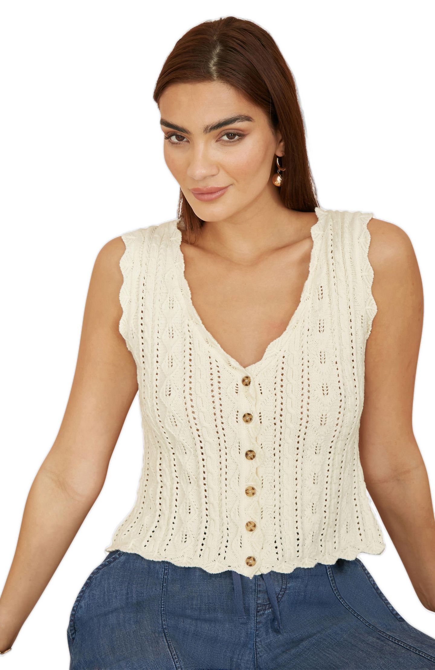 Женский топ Yumi V Neck Button Down Crochet Knitted, цвет: Слоновая кость — фото 1