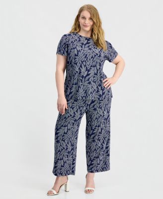 Plus Size Tulip-Sleeve Top & Wide-Leg Cropped Pull-On Pants