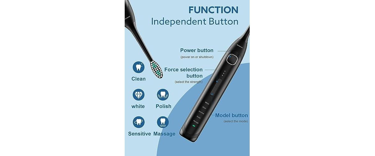 Operan Electric Toothbrush for Adults with 5 Modes, IPX7 Waterproof, 6 Brush Heads, Black
