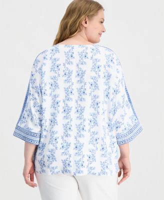 Plus Size Printed Boat-Neck 3/4-Sleeve Top