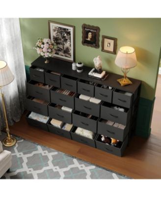 Hetoy 63 Inches Fabric Dresser TV Stand with Charging Station - 18 Drawer Long Dresser for Bedroom - Chest of Drawers for Living Room