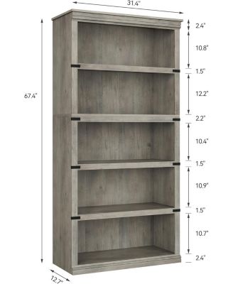 67.4" Tall 5-Tier Farmhouse Bookcase – Wooden Bookshelf with Open Display Shelves and Storage, Freestanding Home Office, Living Room
