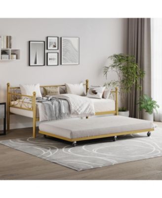 Space-Saving Heavy Duty Metal Daybed with Pull-Out Trundle, Floral Headboard, Steel Slats, Sofa Bed Frame for Living Room