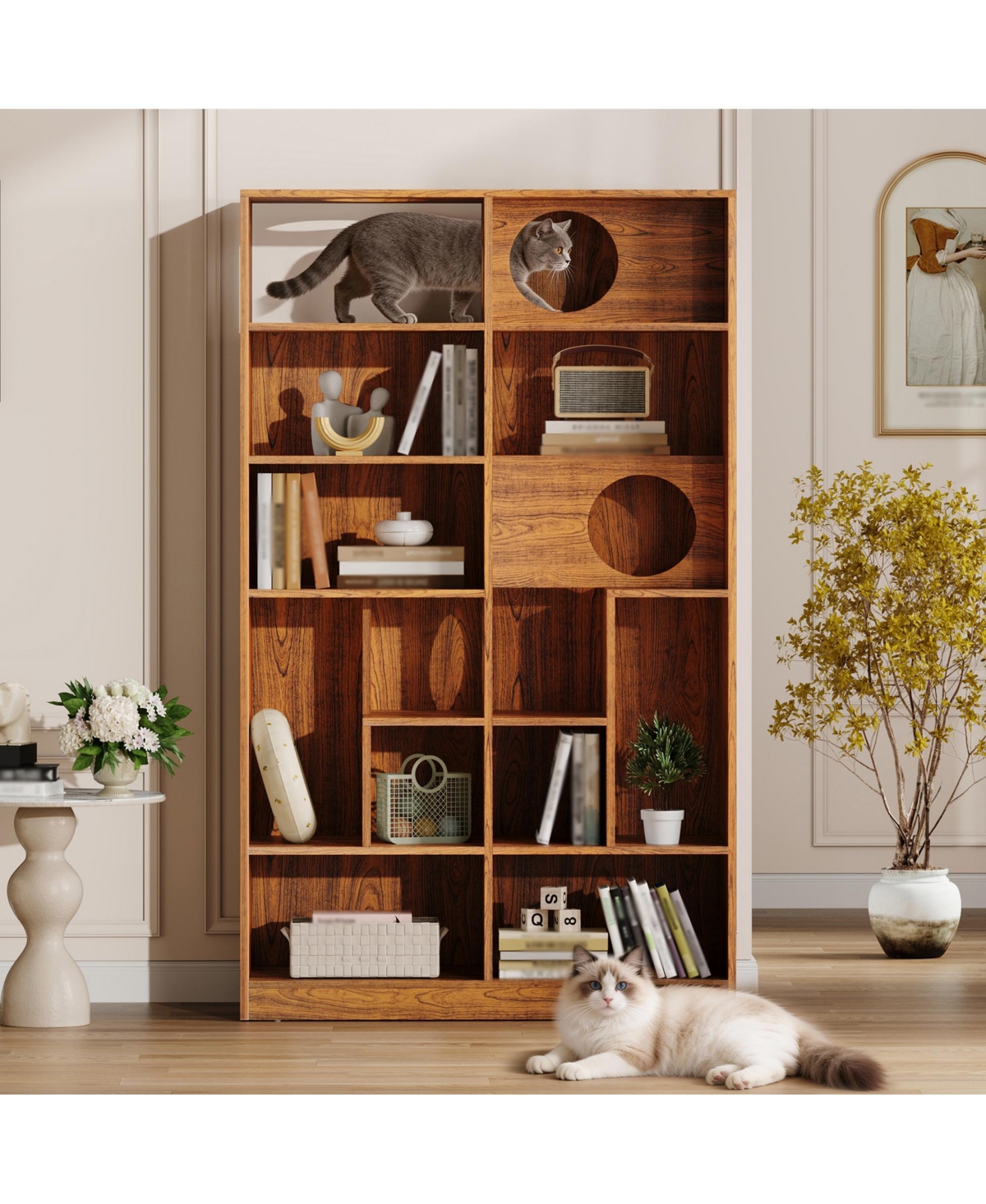 Rainsken 2 In 1 Wood Bookshelf Cat House for Cat Lover, Cat Tree Display Case