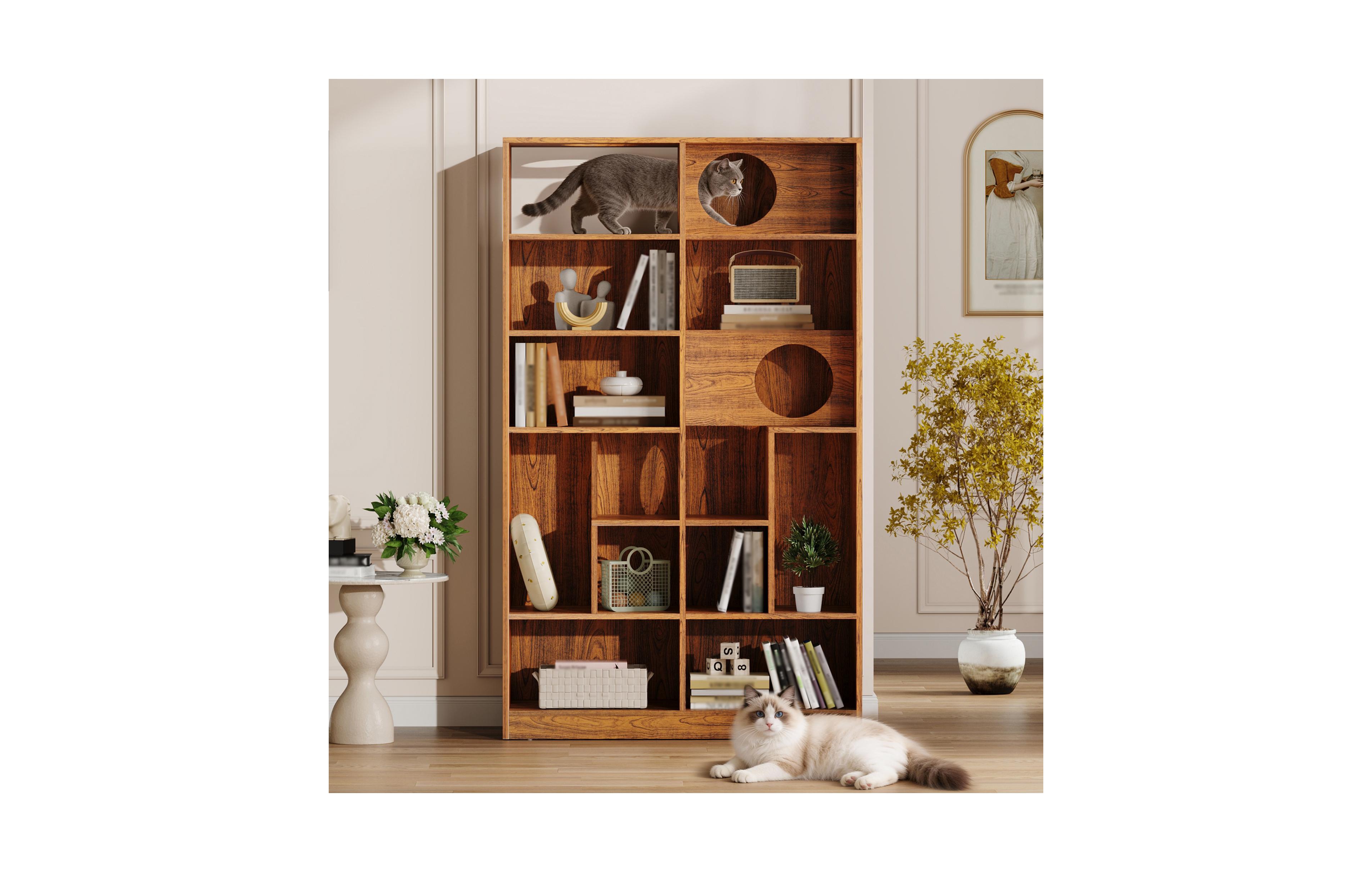 Rainsken 2 In 1 Wood Bookshelf Cat House for Cat Lover, Cat Tree Display Case