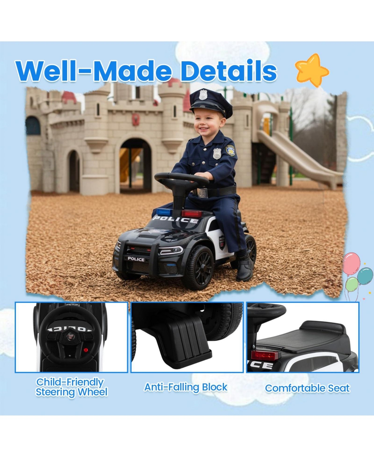 Mecale Toddler Sliding Car with Steering Wheel and Under-Seat Storage Push