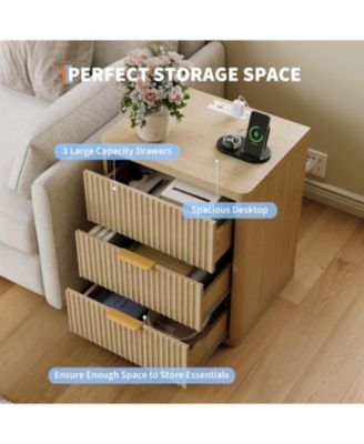 Fluted Nightstand with Charging Station, Bedside Table with 3 Drawers Storage Space.