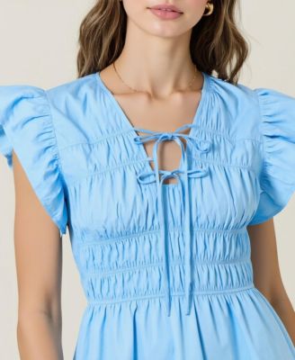 Women's Smocked Ruffle Sleeve Front Tie Mini Dress
