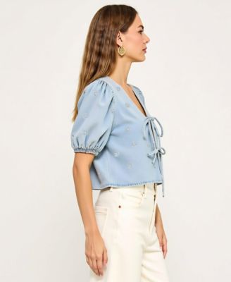 Women's Embroidered Puff Sleeve V-Neck Tie-Front Top