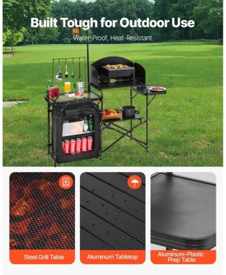 Camping Kitchen Table, Aluminum Portable Cook Station with Storage Cupboard, Detachable Windscreen, Carrying Bag, Quick Setup